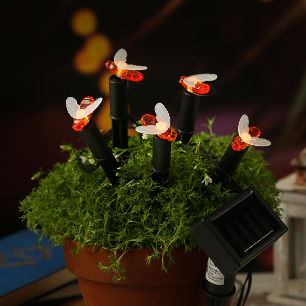 LED Solar Lichterkette Bienen - 5 Gartenstecker - L: 1,2m - H: 17cm - Lichtsensor - für Außen