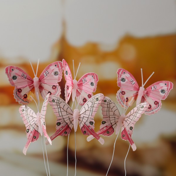 Deko Schmetterlinge - aus Federn - am Draht - H: 6,5cm - 2 Motive - rosa - 6er Set