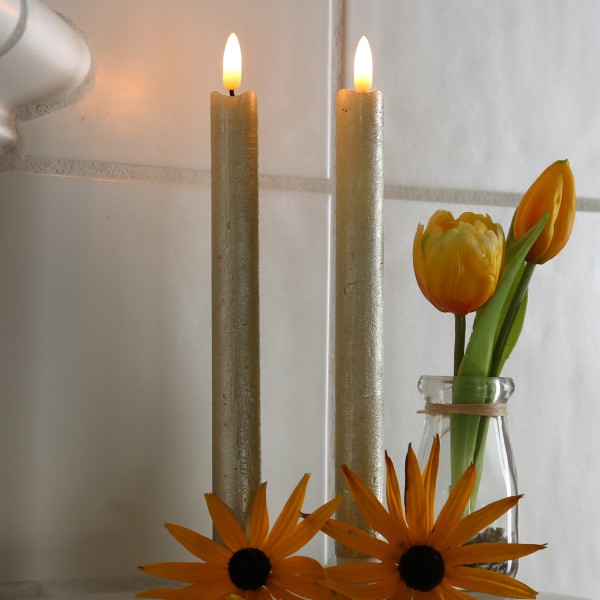 B-Ware XXX LED Stabkerzen Flamme - Echtwachs - flackernde warmweiße LED - H: 25cm - gold - 2er Set