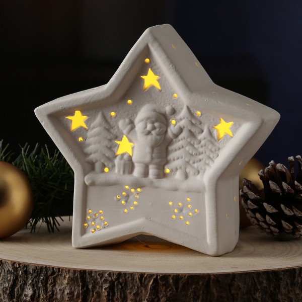 LED Dekostern NIKOLAUS - Keramik - weihnachtliches Motiv - warmweiße LED - H: 16cm - Batterie - weiß