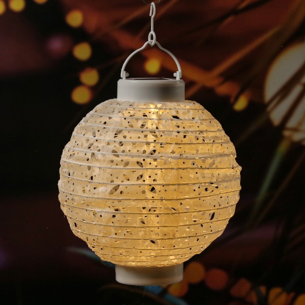 LED Solar Lampion - mit Muster - warmweiße LED - H: 23cm - D: 20cm - Lichtsensor - weiß