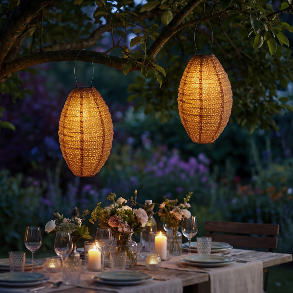 LED Solar Lampions oval - mit Blumenmuster - H: 38cm - D: 23cm - Lichtsensor - braun - 2er Set