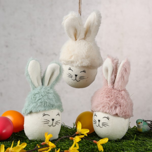 Osterhase mit Plüschohren - Dekofigur - Ostern - H: 16cm - hängend - für Innen - 3er Set