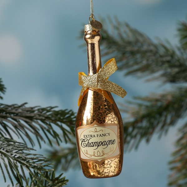 Weihnachtsbaumschmuck CHAMPANGER Flasche - Glas - inkl. Aufhänger - H: 13,5cm - gold