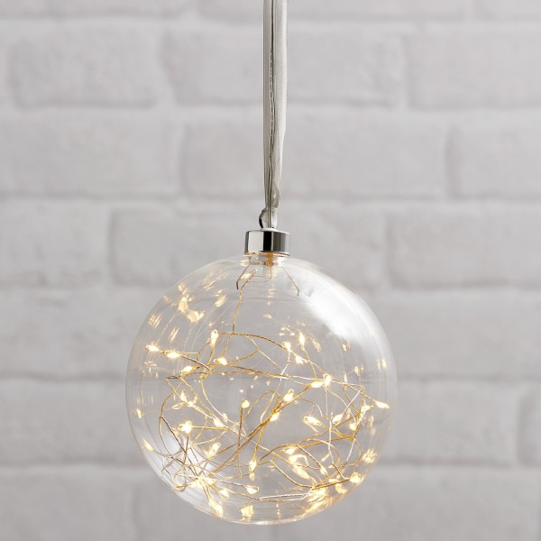Glaskugel GLOW - klares Glas - 40 warmweiße LED am Draht - D: ca. 15cm - inkl. Trafo - 3m Kabel