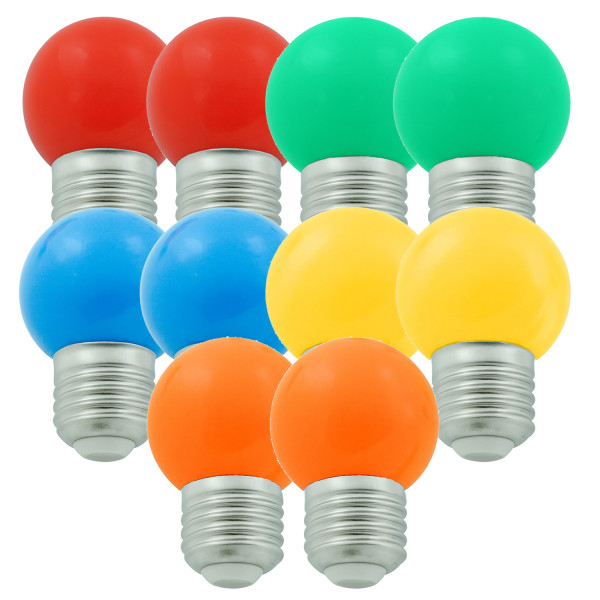 10er Set bunte LED Kugellampen (je 2x rot, grün, blau, gelb, orange) 1W-E27-G45