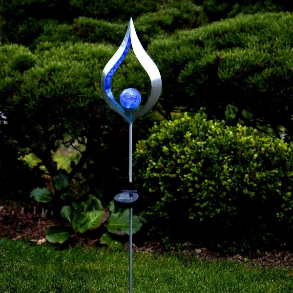 LED Solarstab FLAMME - silber - blaue LED - Glaskugel in Flamme - H: 86cm - Dämmerungssensor