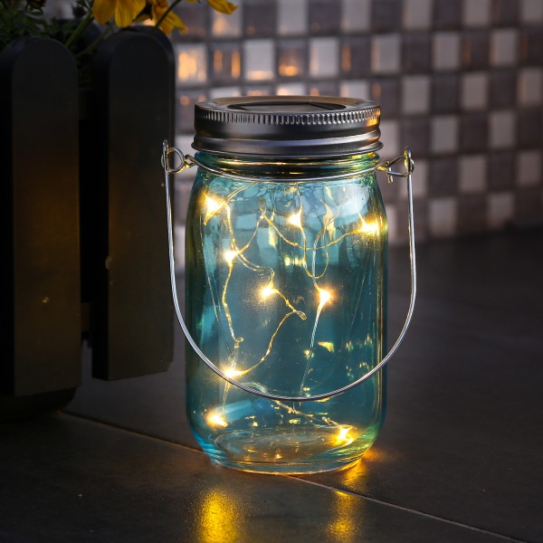 LED Solar Glas - Windlicht - mit Drahtlichterkette - Lichtsensor - H: 14cm - D: 8cm - blau