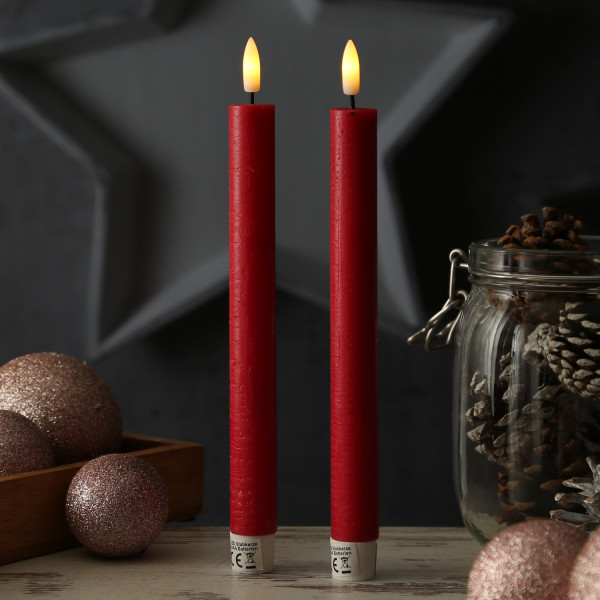 LED Stabkerzen LINA - Rustik-Optik - Echtwachs - 3D Flamme - H: 24cm - Timer - rot - 2er Set