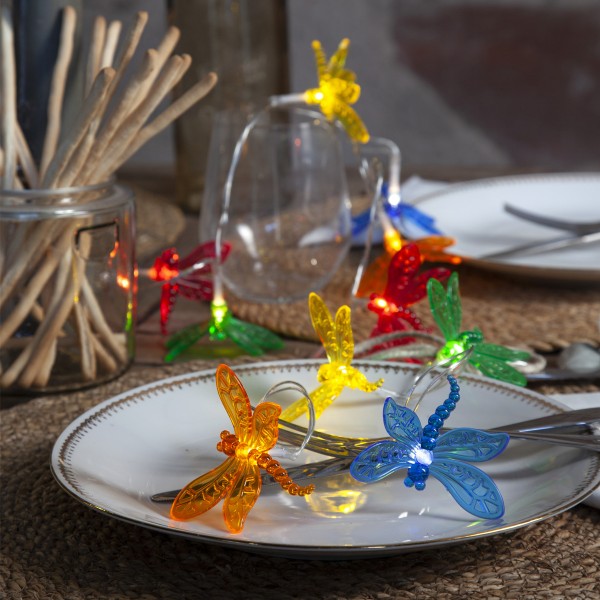 LED Lichterkette Libelle - 10 farbige Libellen - warmweiße LED - L: 1,35m - Batterie - Timer