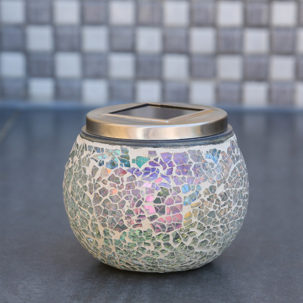 LED Solar Windlicht - Mosaik Glas - Lichtsensor - H: 10cm - Außen - transparent mit Schimmereffekt
