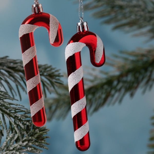 Weihnachtsbaumschmuck ZUCKERSTANGE - bruchfest - inkl. Aufhänger - H: 12cm - rot, weiß - 2er Set