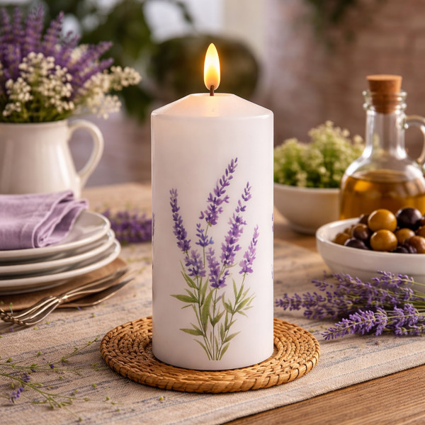 LED Kerze mit Lavendel Motiv - Echtwachs - H: 18,5cm - D: 7cm - Batteriebetrieb - Timer