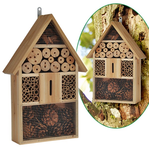 Insektenhotel mit 4 Stockwerken - Tannenholz, Bambus - 48 x 31 x 10cm - Wandaufhängung