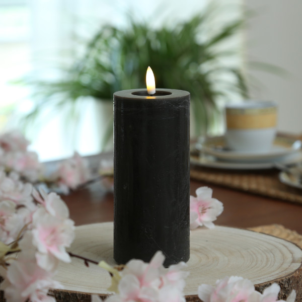 LED Kerze LINA - Rustik-Optik - Echtwachs - H: 15cm - D: 7cm - Batterie - Timer - schwarz