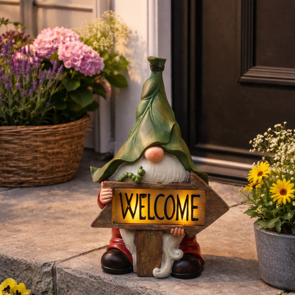 LED Solar Gartenzwerg mit WELCOME Schild - Gartenfigur - warmweiße LED - Lichtsensor - H: 33cm