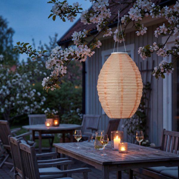 LED Solar Lampion oval - warmweiße LED - H: 33cm - D: 22cm - Lichtsensor - pastellorange