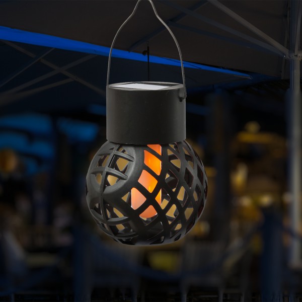 LED Solar Hängeleuchte Feuerball - Kugelleuchte mit Flammeneffekt - H: 9cm - Sensor - schwarz