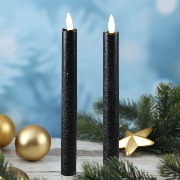LED Stabkerzen Flamme - Echtwachs - flackernde warmweiße LED - H: 25cm - Timer - schwarz - 2er Set