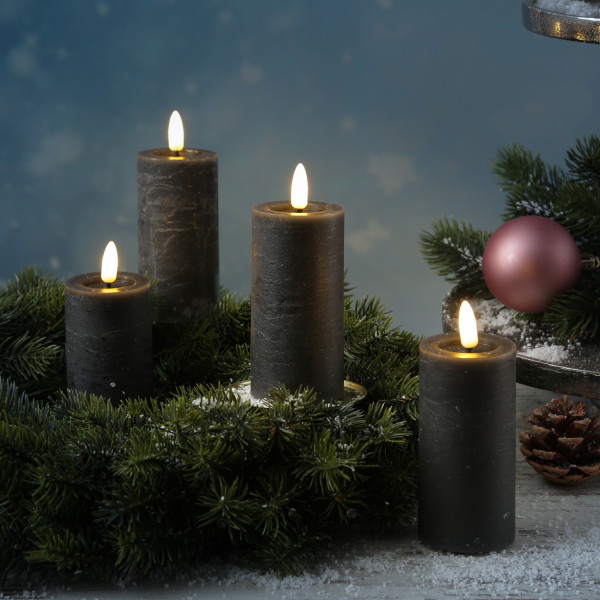 LED Kerzenset LINA - Rustik-Optik - Echtwachs - H: 12,5cm - D: 5cm - Timer - grau - 4er Set