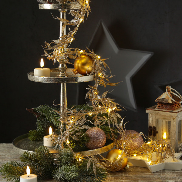LED Drahtlichterkette Blätter mit Glitzer - 30 warmweiße LED - L: 150cm - Timer - Batterie - gold