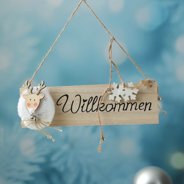 Willkommensschild Rentier mit kleinen Glocken - Türschild - Holz - hängend - L: 28cm - natur, weiß