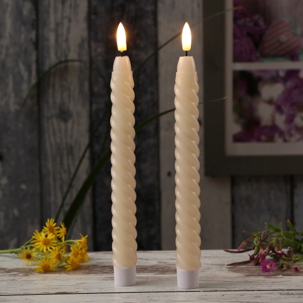 LED Stabkerzen TWIST - Echtwachs - flackernde 3D Flamme - H: 25cm - Timer - creme - 2er Set