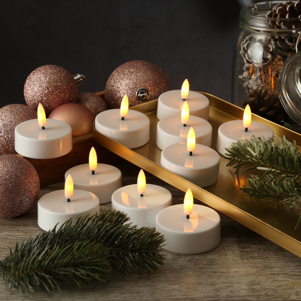 LED Maxi Teelichter - flackernde 3D Flamme - Kunststoff - Timer - D: 5,8cm - weiß - 10er Set