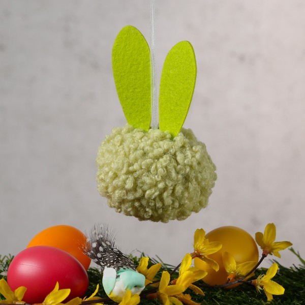 Pompom Osterhase mit Filzohren - Dekofigur - zum Aufhängen - H: 12cm - für Innen - grün