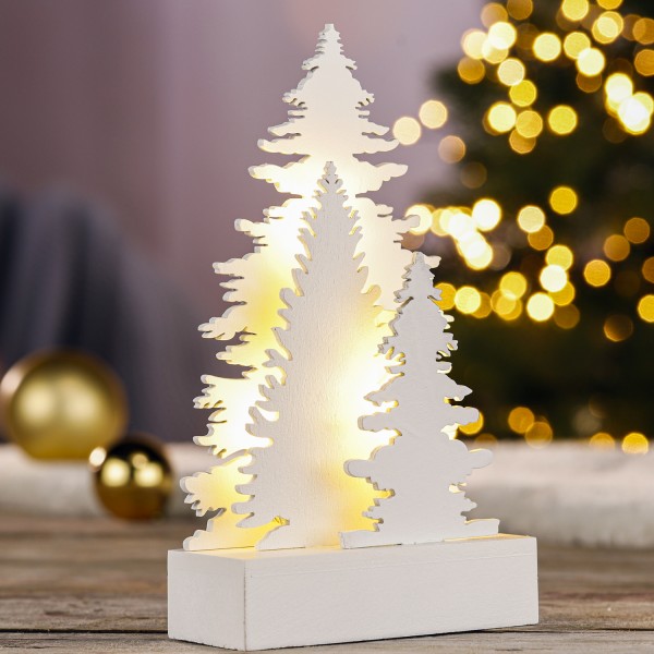 LED Dekoleuchte Tannenbäume - Holz - 5 warmweiße LED - H: 18cm - Batterie - Innen - weiß