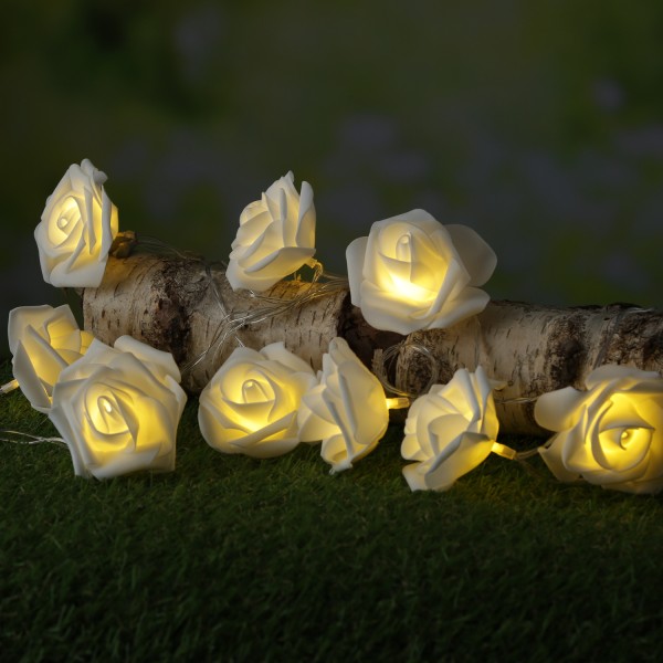 LED Lichterkette Rosen - 10 leuchtende Rosen - Timer - Batteriebetrieb - L: 1,8m - für Innen - weiß