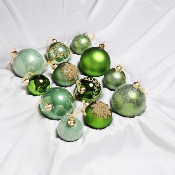 Christbaumkugel - Weihnachtsbaumkugel - Glas - 3 Größen - glänzend matt glitzernd - grün - 12er Set