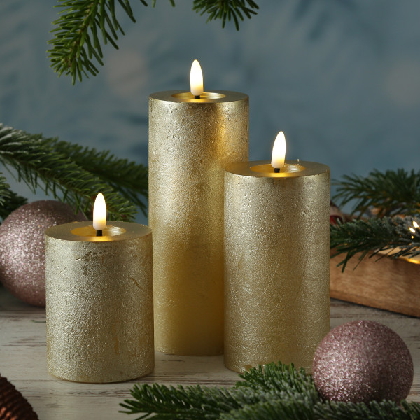 LED Kerzenset LINA - Rustik-Optik - Echtwachs - 3D Flamme - 3 Größen - Timer - gold - 3er Set