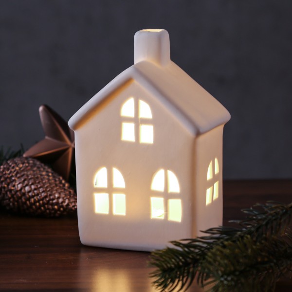 LED Haus - Porzellan - warmweiße LED - H: 15,6cm - inkl. Batterie - für Innen - weiß