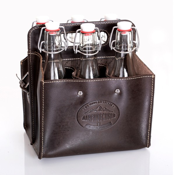 ALPENLEDER Alpensechser - Getränkehandtasche/Halter für 6 Flaschen - stabiles Sattlerleder