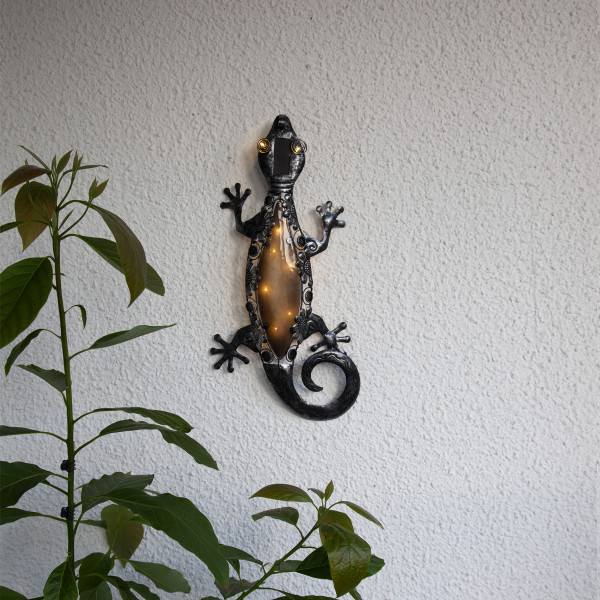 LED Solar Wanddeko GECKO - 10 warmweiße LED - H: 52cm - Dämmerungssensor - schwarz