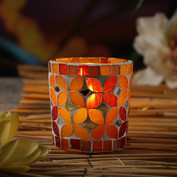 Windlicht Mosaik Glas - Teelichthalter - Blätter Motiv - H: 7cm - D: 7cm - bunt