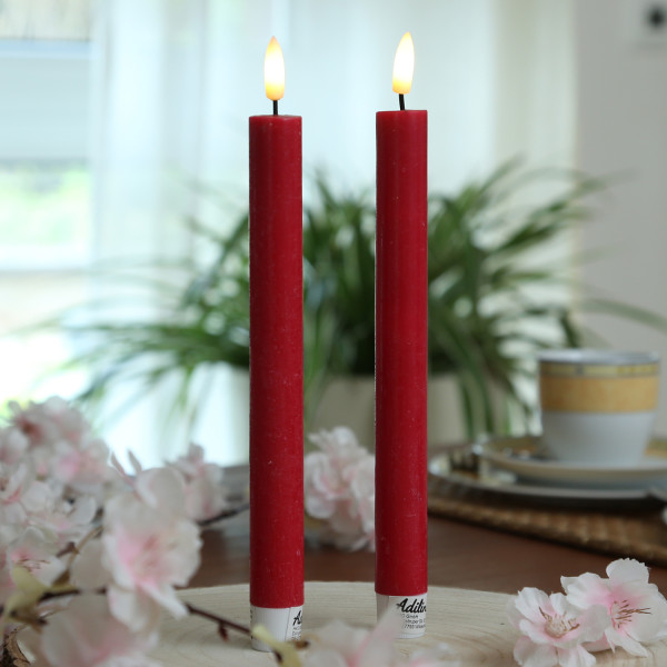LED Stabkerzen LINA - Rustik-Optik - Echtwachs - 3D Flamme - H: 24cm - Timer - rot - 2er Set