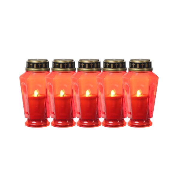 LED Grablicht - Grabkerze - orange flackernd - Timer- H: 15,5cm - für Außen - rot - 5er Set