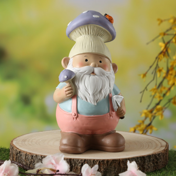 Gartenzwerg mit Fliegenpilz-Mütze - Zwerg mit Schaufel - Gartenfigur aus Polyresin - H: 24,5cm