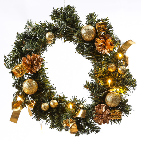 LED Tannenkranz mit Deko - Türkranz - D: 30cm - 10 warmweiße LED - Batterie - für Innen - gold