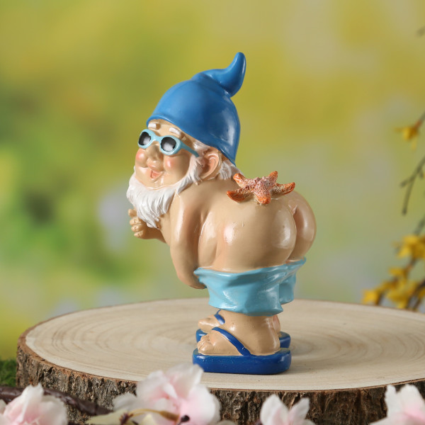 Gartenzwerg Hose Runter mit Seestern - Maritimer Zwerg mit nacktem Po - Polyresin - H: 18cm
