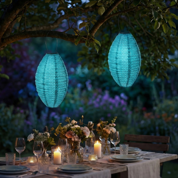 LED Solar Lampions oval - mit Blumenmuster - H: 38cm D: 23cm - Lichtsensor - blau - 2er Set