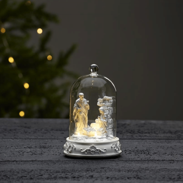 LED-Kuppel "Nativity" - Krippenszene mit Glaskuppel - 3 warmweiße LED - H: 19cm - weiß