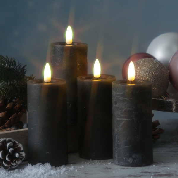 LED Kerzenset LINA - Rustik-Optik - Echtwachs - H: 12,5cm - D: 5cm - Timer - grau - 4er Set