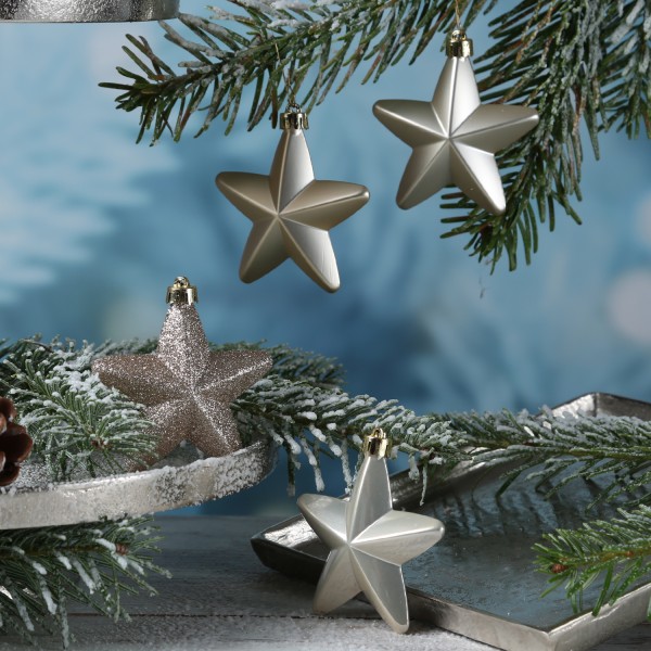 Christbaumschmuck STERN - Weihnachtsschmuck - bruchfest - glänzend matt glitzernd - creme - 6er Set