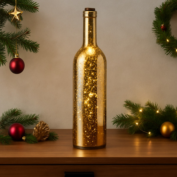 LED Dekoflasche - 8 warmweiße flackernde LED - D: 7,5cm - H: 30cm - Batterie - Timer - gold metallic