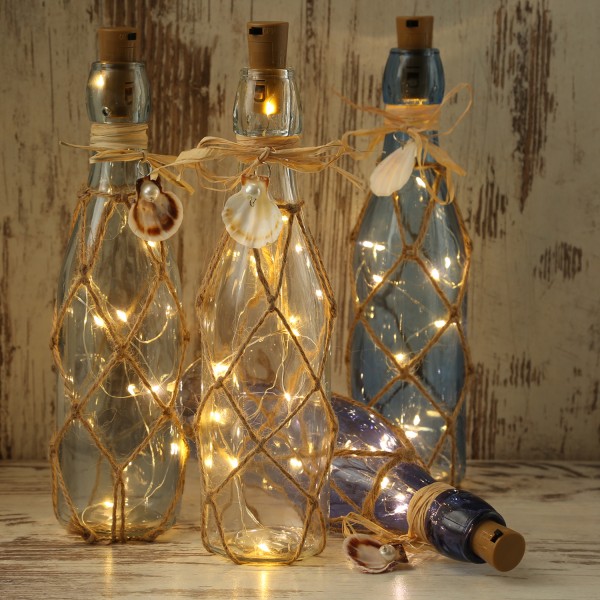 LED Dekoflasche MARITIM mit Juteseil und LED Drahtlichterkette - H: 28cm - hellblau