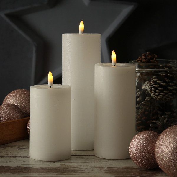 LED Kerzenset LINA - Rustik-Optik - Echtwachs - 3 Größen - D: 7cm - Timer - weiß - 3er Set