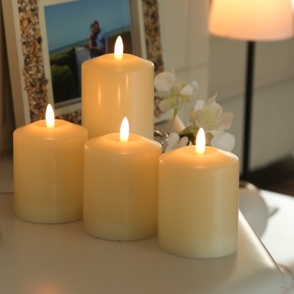 LED Kerzenset - Echtwachs - flackernde 3D Flamme - H: 11,5cm - Fernbedienung - creme - 4er Set